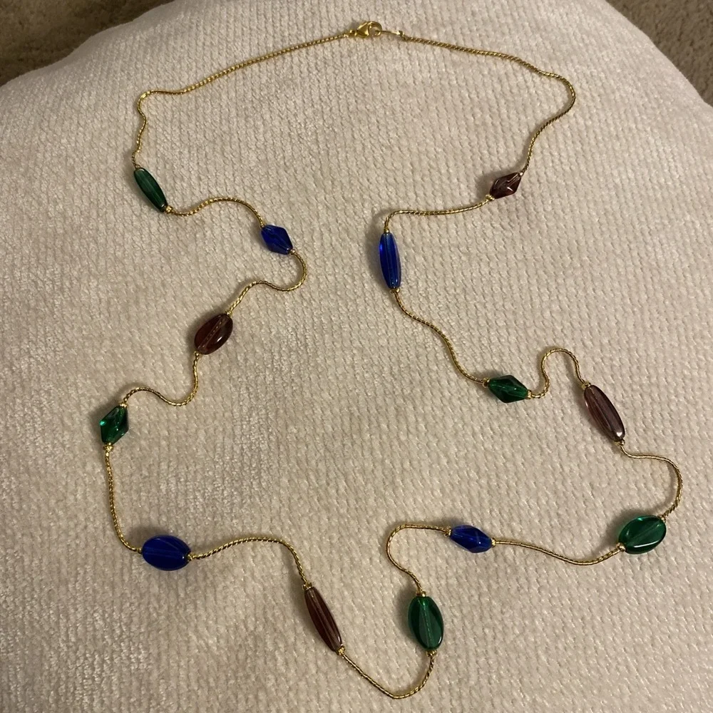 TRIFARI VINTAGE GLASS BEADED NECKLACE BLUE GREEN PURPLE